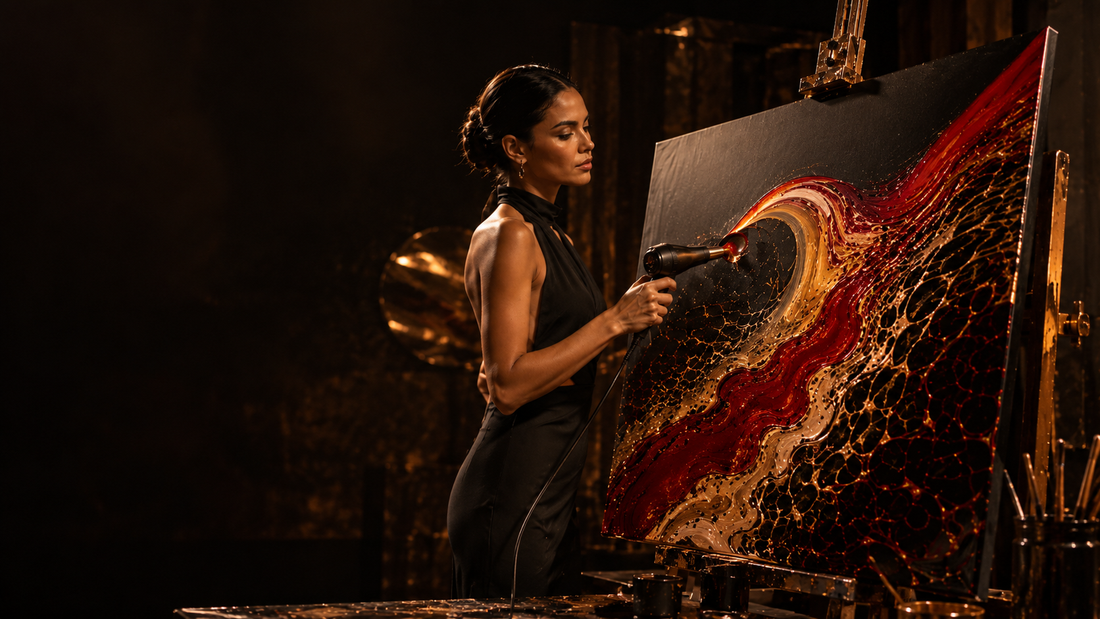 Woman creating a red, gold and black fluid art painting using controlled airflow in a warm, dark studio.